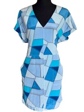 Armani Exchange Mulberry Silk Blue Geometric V Neck Dress - Size Small